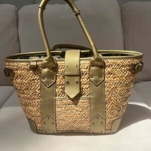 J crew straw rattan leather tote bag/purse beach floral